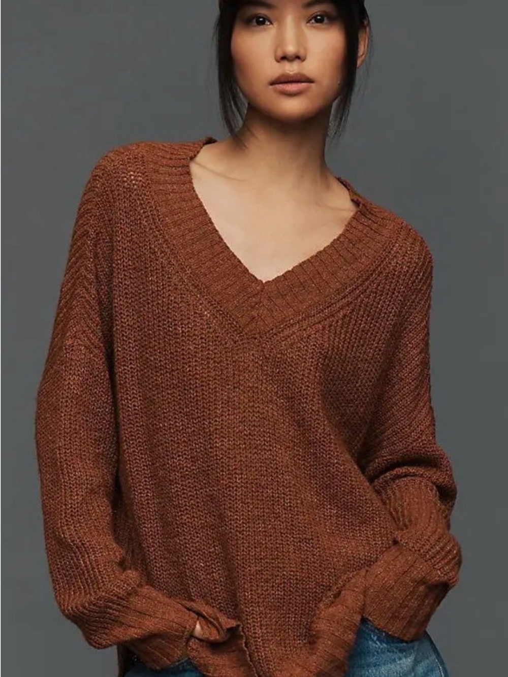 Anthropologie Pilcro Slouchy V-neck Sweater in Shimmery Brown, Size S(oversized)